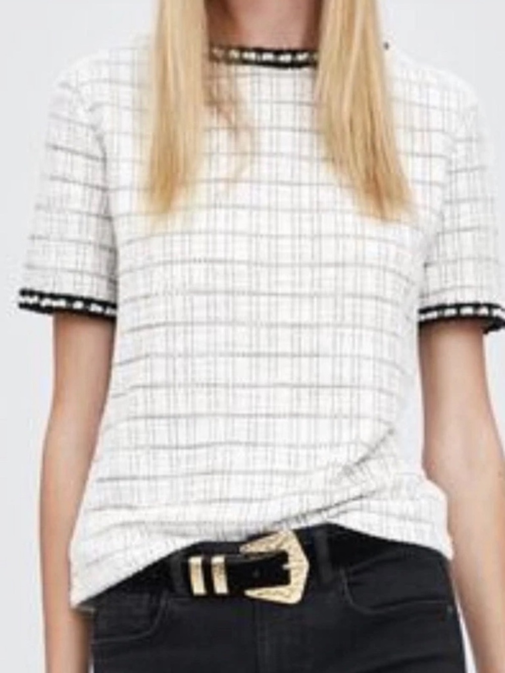 Zara Short Sleeve Top Tweed Knit Pearl Trim Plaid Grey Black Size L Coquette